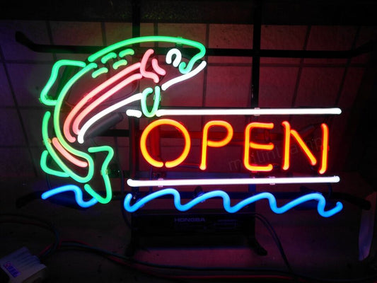 Neon Open Fishing Sign 19x15 Custom Glass Neon